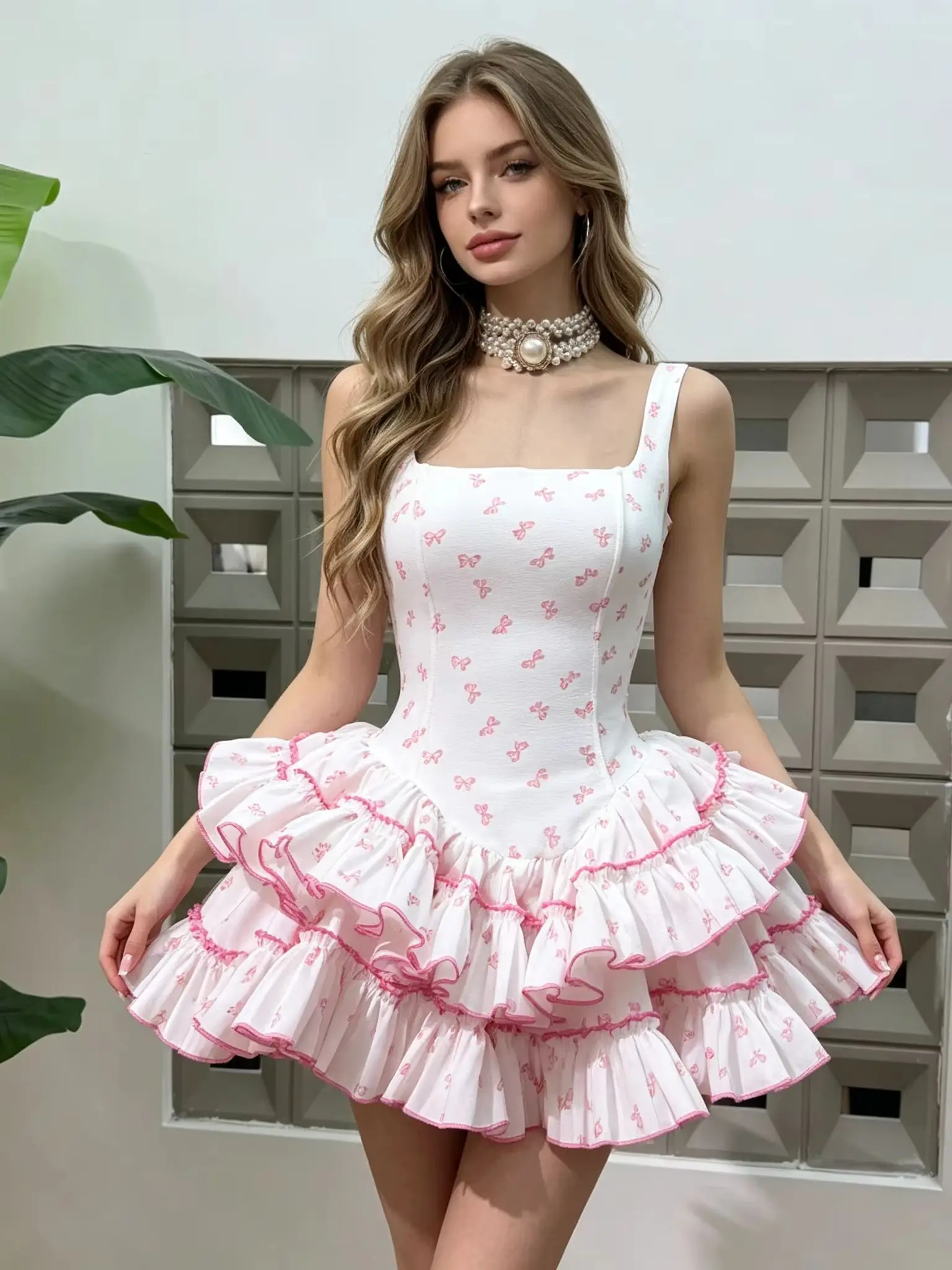 Women's Summer New Square Neck Bow Print Corset Mini Dress Sleeveless A-Line Gown Ruffle Hem Cocktail Party Homecoming Vestidos
