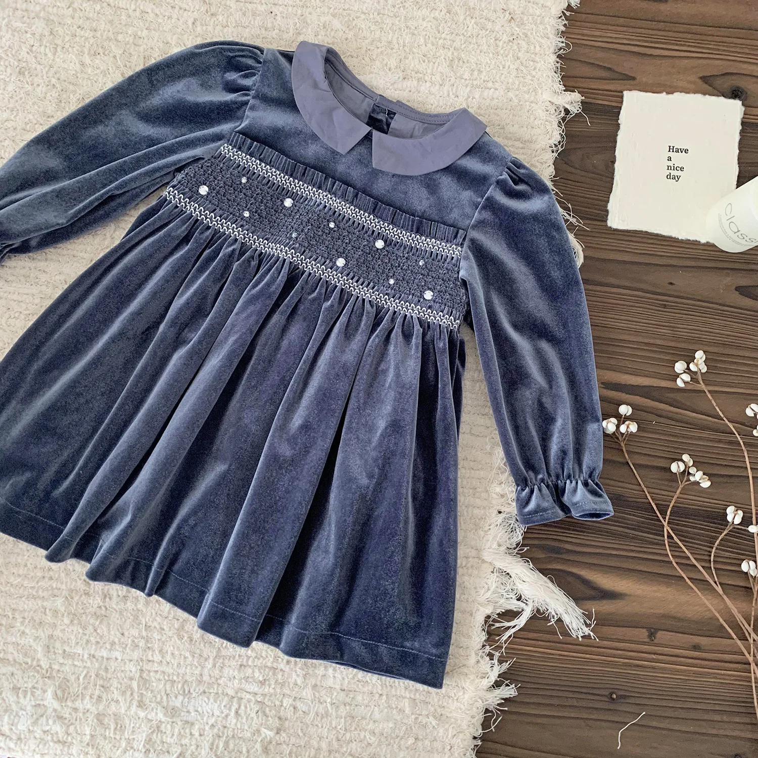 Winter Big Girls Velvet Dress Long Sleeve Little Girl Fall Dresses Size 1 2 3 4 5 6 Years Blue Kids Baby Clothes Lapel Collar