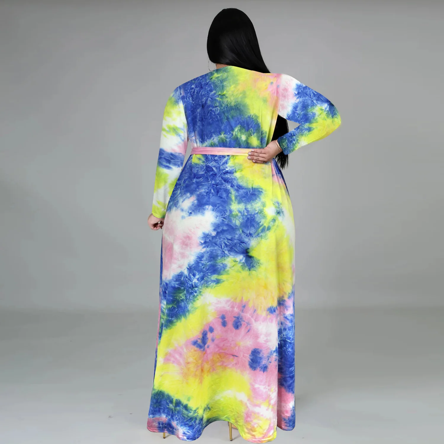 HAOOHU-vestidos de talla grande para mujer, ropa informal, elegante, Tie Dye, cinturón, manga larga, 5XL, urbano, Otoño, 2023