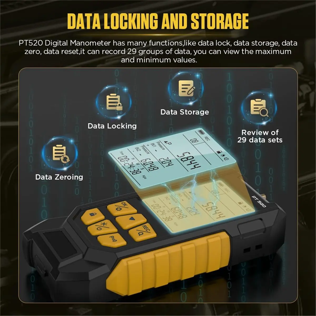 DT38 PT520 Digital Manometer Dual Port Air Pressure Meter with 10 Selectable Units and Various Adapters