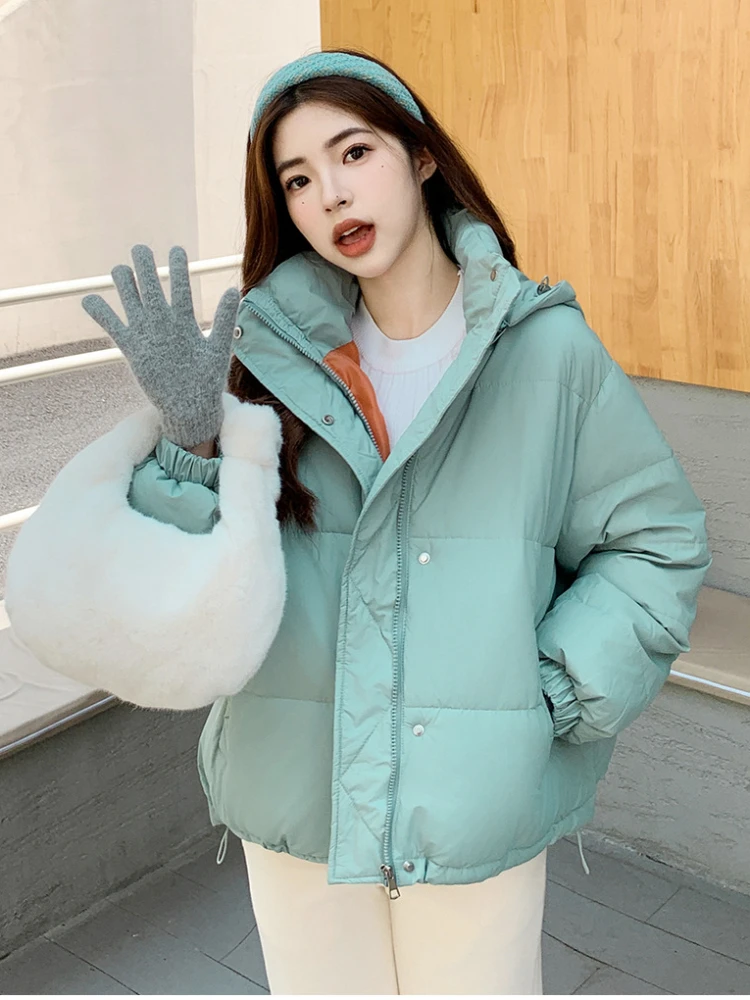 

Winter Color block Puffer Cotton-padded Coats Female's Casual Hooded Parka Short Loose Warm Bread Coat Baby Blue Cotton Jacket