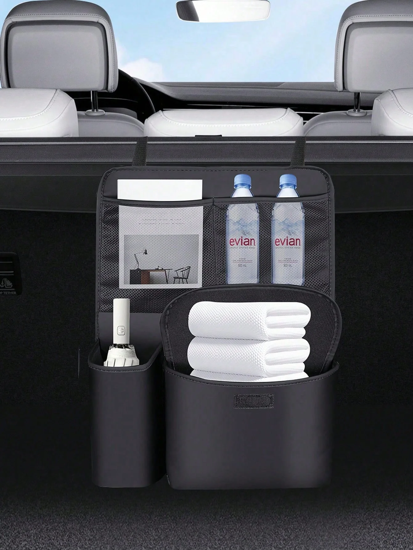 

1 шт. черный кожаный автомобильный органайзер премиум-класса, подвесная сумка для хранения с несколькими карманами, держатели для бутылок с водой, водонепроницаемый и пыленепроницаемый, Du