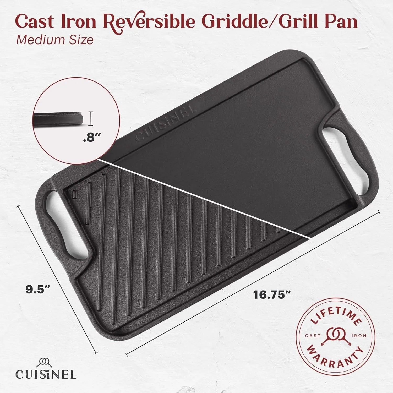 Cuisinel Cast Iron Griddle/Grill + Scraper/Cleaner - Reversible Pre-Seasoned 16.75