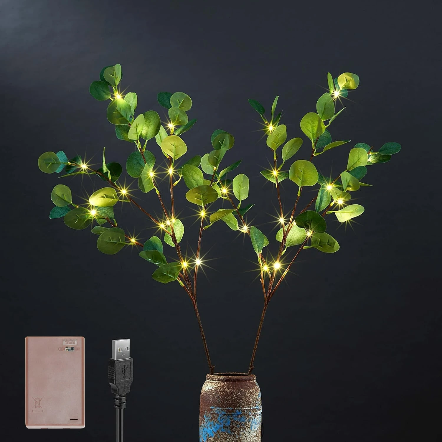 

Battery Operated Stunning 30IN Dark Green Artificial Eucalyptus Branches with Timer - Gorgeous 38LED Lighted Decoration for Wedd
