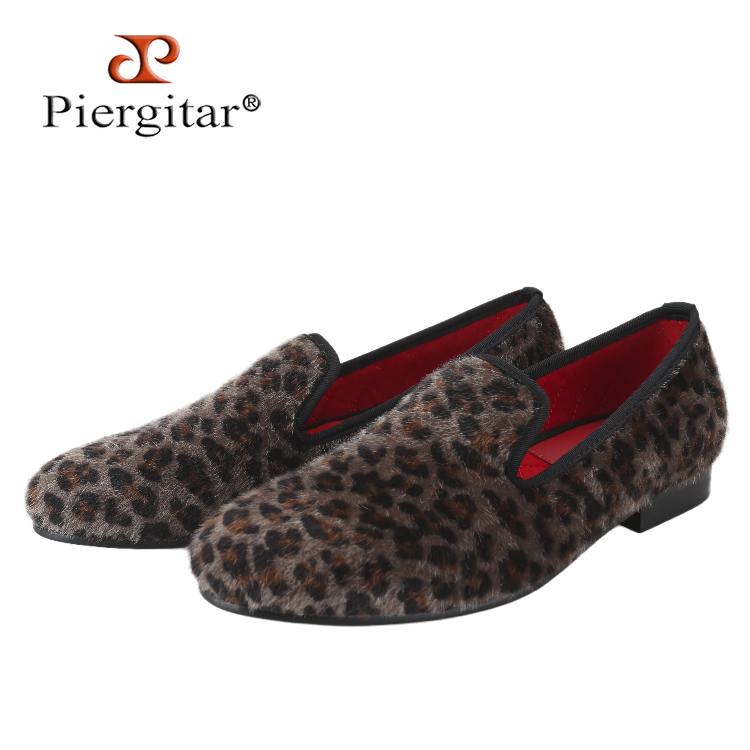 Piergitar Dark Brown Leopard Print Velvet Slip-On Loafers For Party Suit Wear Handmade Men's Smoking Slippers Red Quilted Insole