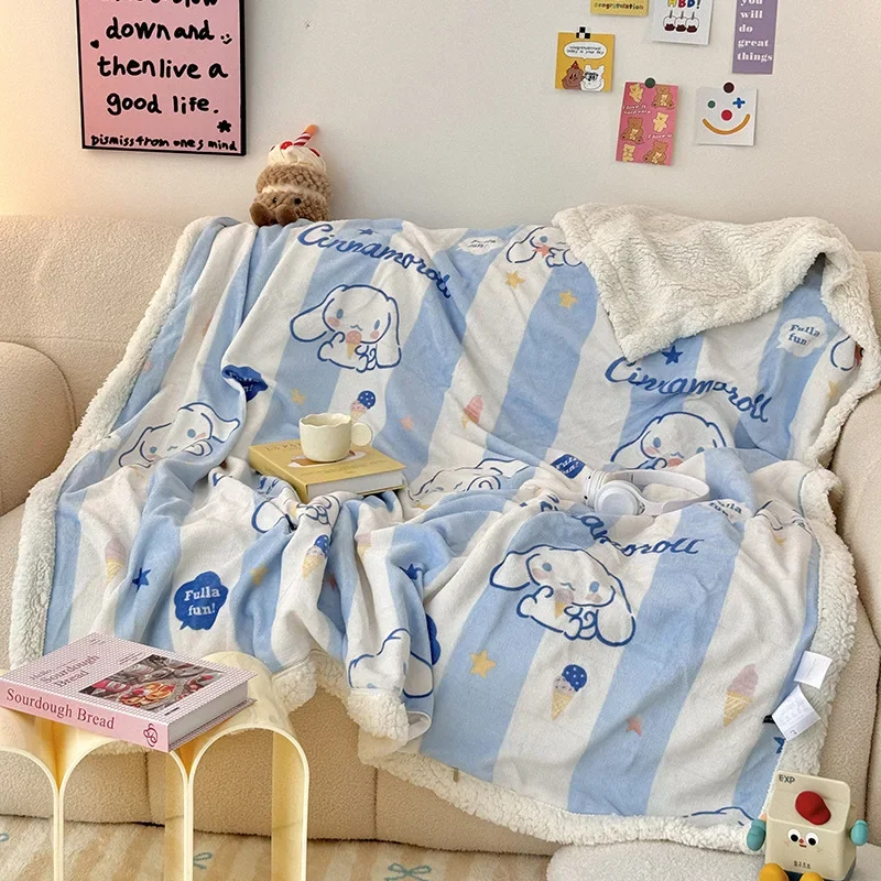 Hello Kitty Lamb Wool Plush Kids Blanket Cartoon Kuromi Melody Cinnamoroll Anime Warm Throw Blanket for Sofa Bedroom Decor Gifts