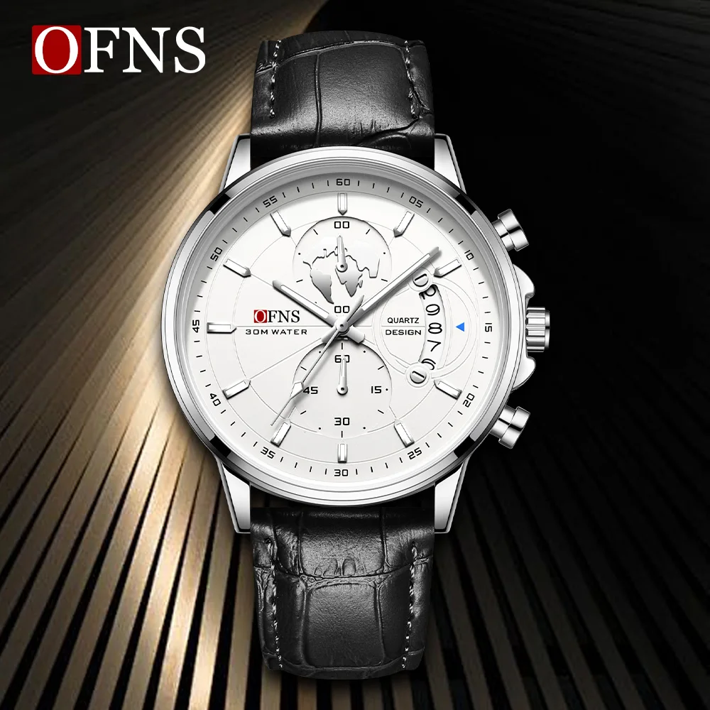 

OFNS 7110, мужские кварцевые часы, водостойкий светящийся кожаный ремешок, модные деловые часы, черные, коричневые наручные часы для мужчин
