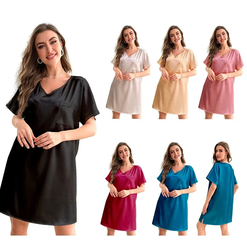 

V-Neck Nightgown Sleepwear Sexy Women Night Dress Short Sleeve Dressing Gown Satin Nightdress Lingerie Summer New Nightwear