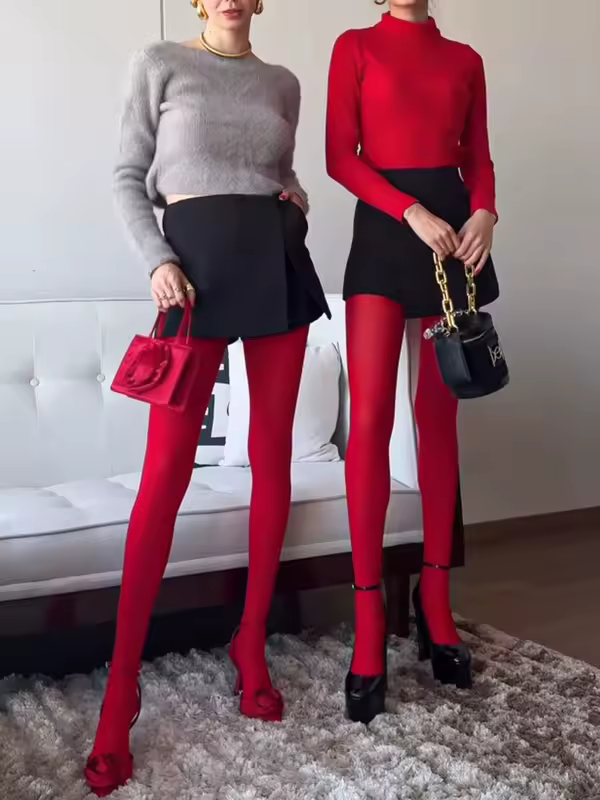 Trendix New Red Stockings Women Bodycon Super Elastic See Through Lace Pantyhose Autumn Sexy Slim Elegant Burgundy Tights Winter - Image 4