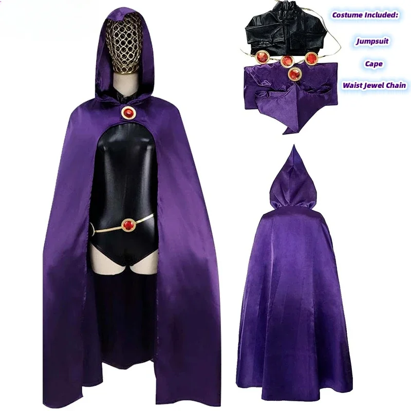 Disfraz de Cosplay de Teen Titans Raven, mono de lujo, capa, cinturón, uniforme de Halloween para mujer, XS-3XL