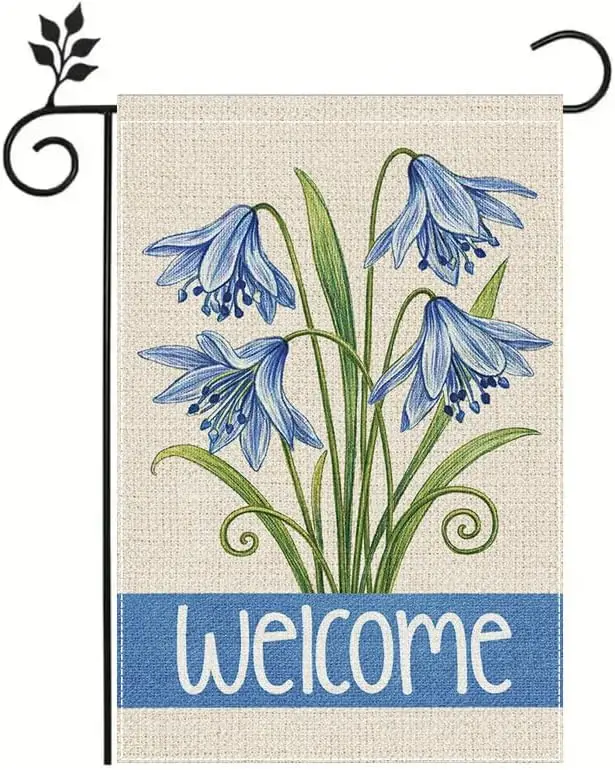 BrandName Blue Floral Garden Flag, Double Sided Polyester Outdoor Yard Flag, Welcome Spring Flower Decorative Flag for Lawn  MMZ