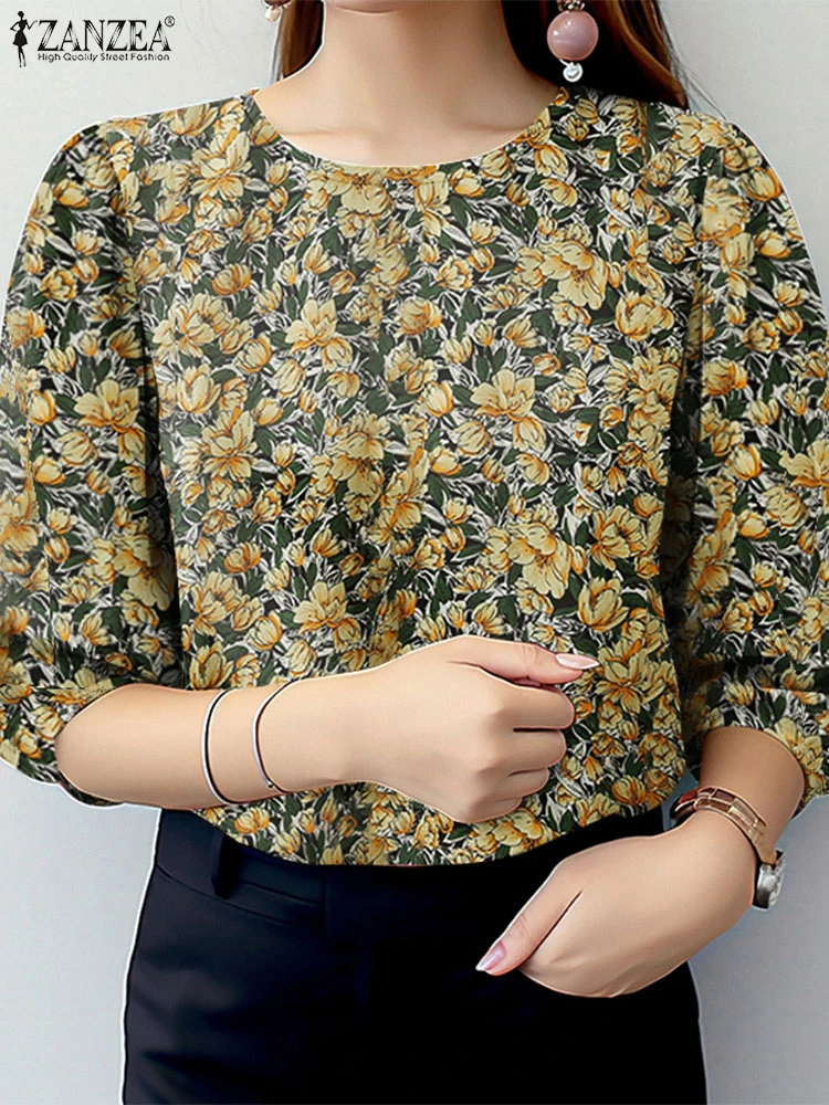 2025 Camicetta floreale stampata moda estiva ZANZEA Bohemain Vacanza Tunica Top Donna O Collo Camicia manica 3/4 Casual Lavoro Blusas