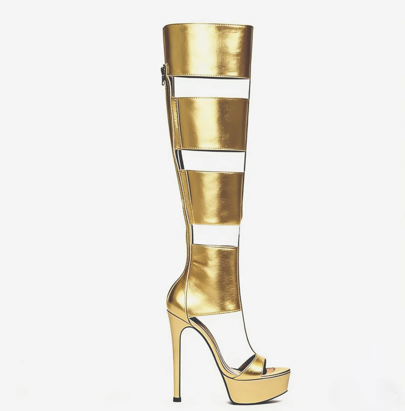 

Four Thick Straps Platform Candy Colors Knee Boots Thin High Heel Peep Toe Zipper Back T- Stage Sandals Boots Woman