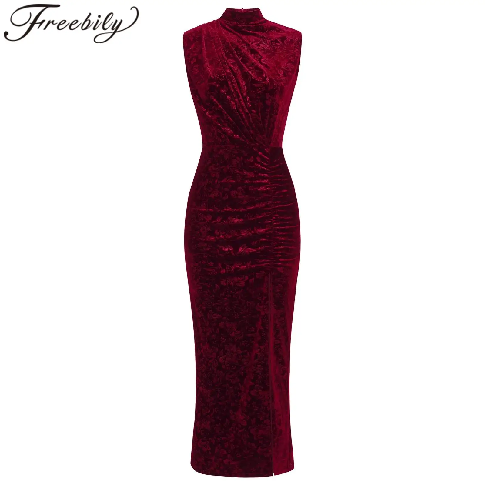 Robe moulante élégante en velours Jacquard pour femmes, Cheongsam, robe de soirée formelle, sans manches, ourlet fendu, florale