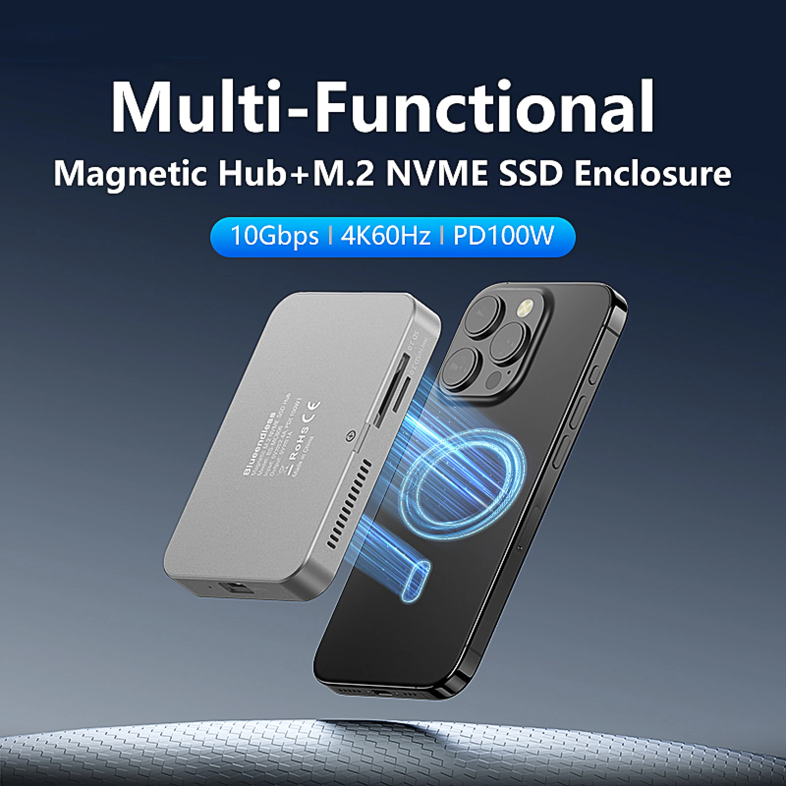 Magnetic Docking Station with M.2 NVMe SSD Enclosure, 10Gbps USB C Hub, 4K60Hz HDMI, SD/TF Card Reader, 100W PD Charging