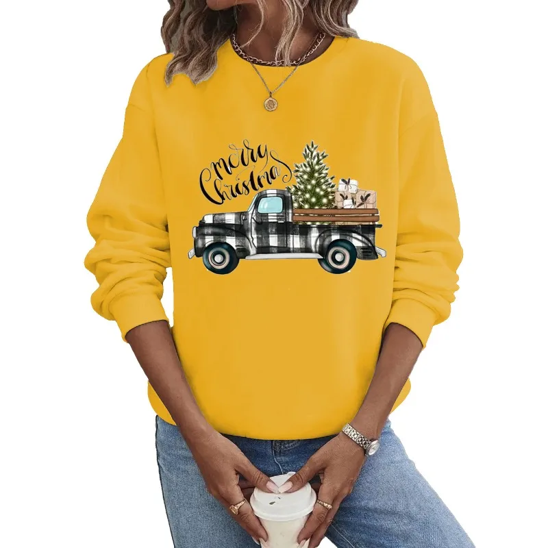 Crew-neck Hoodie Europe and The United States Christmas Long Sleeve Hot Christmas Plaid Truck Print  Hoodies Women  Sweatshirt