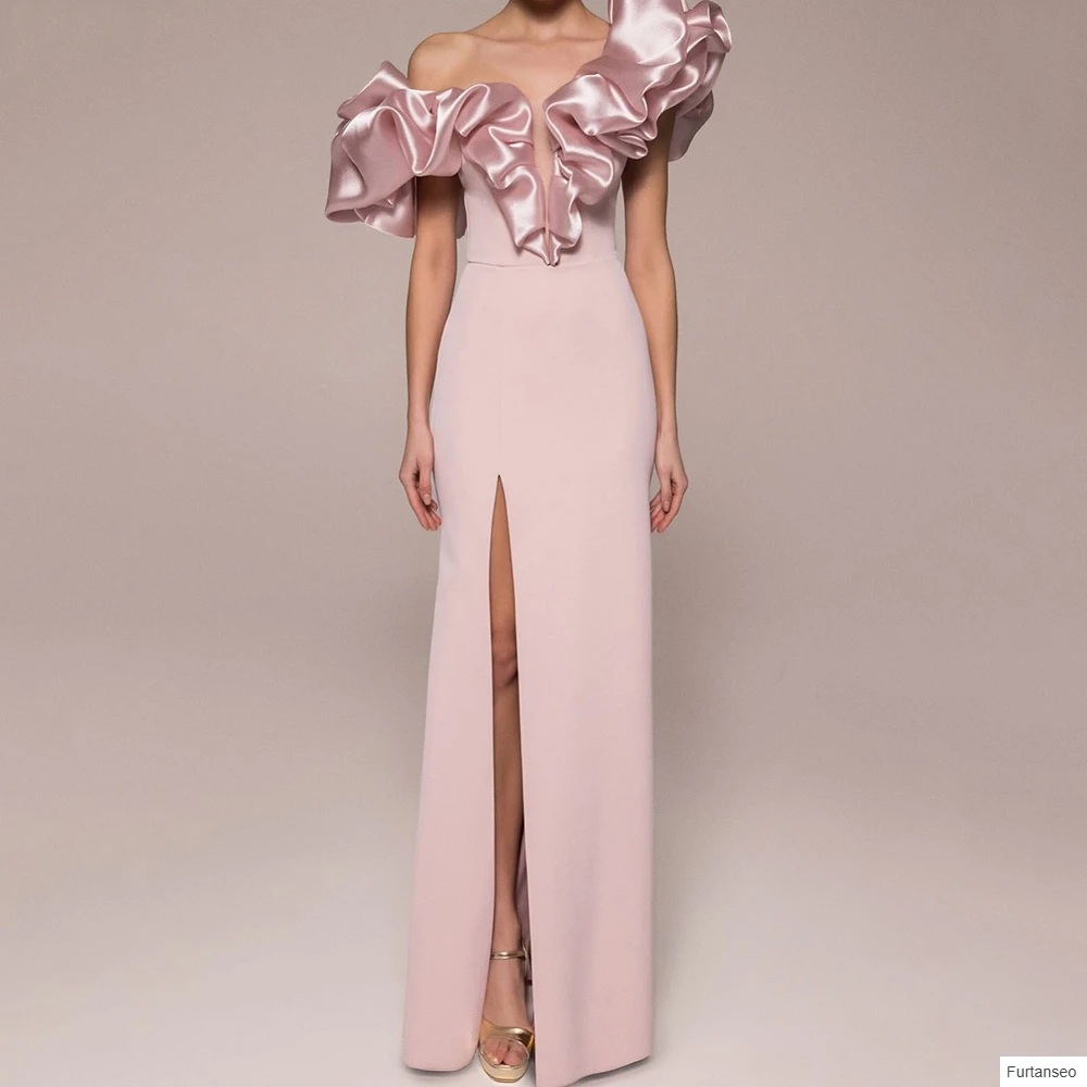 

Customized Straight Evening Dresses Floor-length Off The Shoulder Sleeveless Prom Gown Fashion Ruched Side-split Party Gown