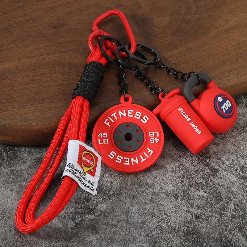 Unisex 4-in-1 Gym Fitness Keychain Pendant with Dumbbells Kettlebells Weight Plates 3D PVC Gym Bag Charm Sports Key Holder Gift