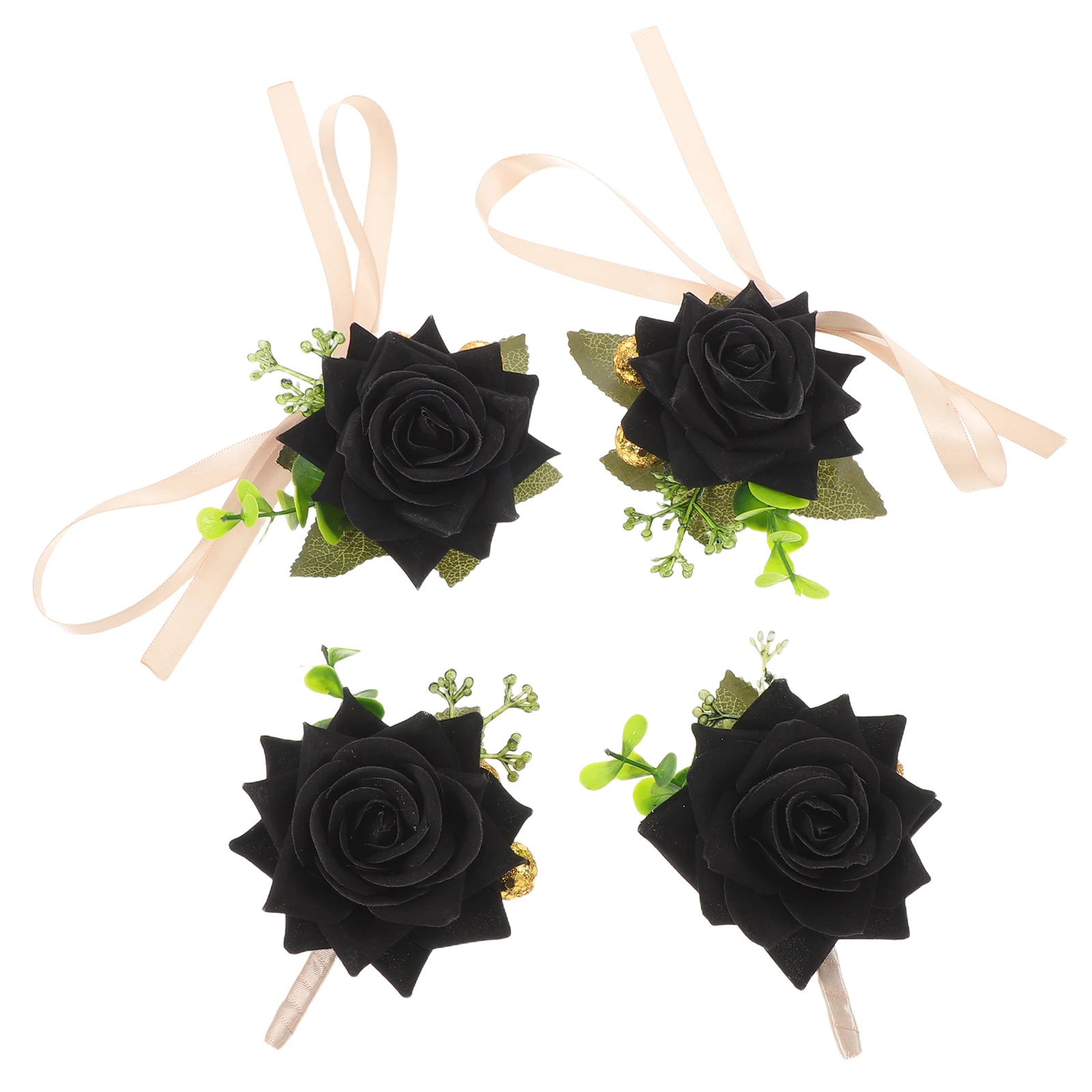 

2 Sets Bracelets Gothic Wedding Floral Decorations Black Roses Corsage Boutonniere Wristband Corsages Artificial for Bridegroom