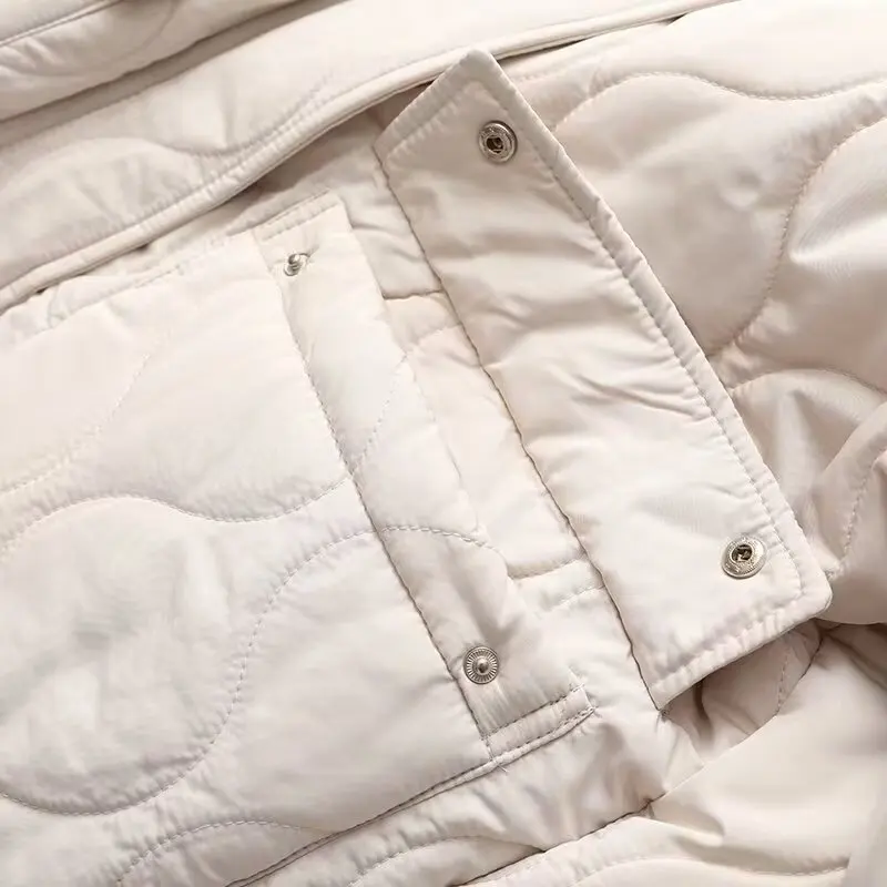 HKSH 2025 Winter New Women's Long Padded-cotton Coat Turn-down Collar Color Block Pockets Elegant Ins Warm Wadded Jacket HK15810