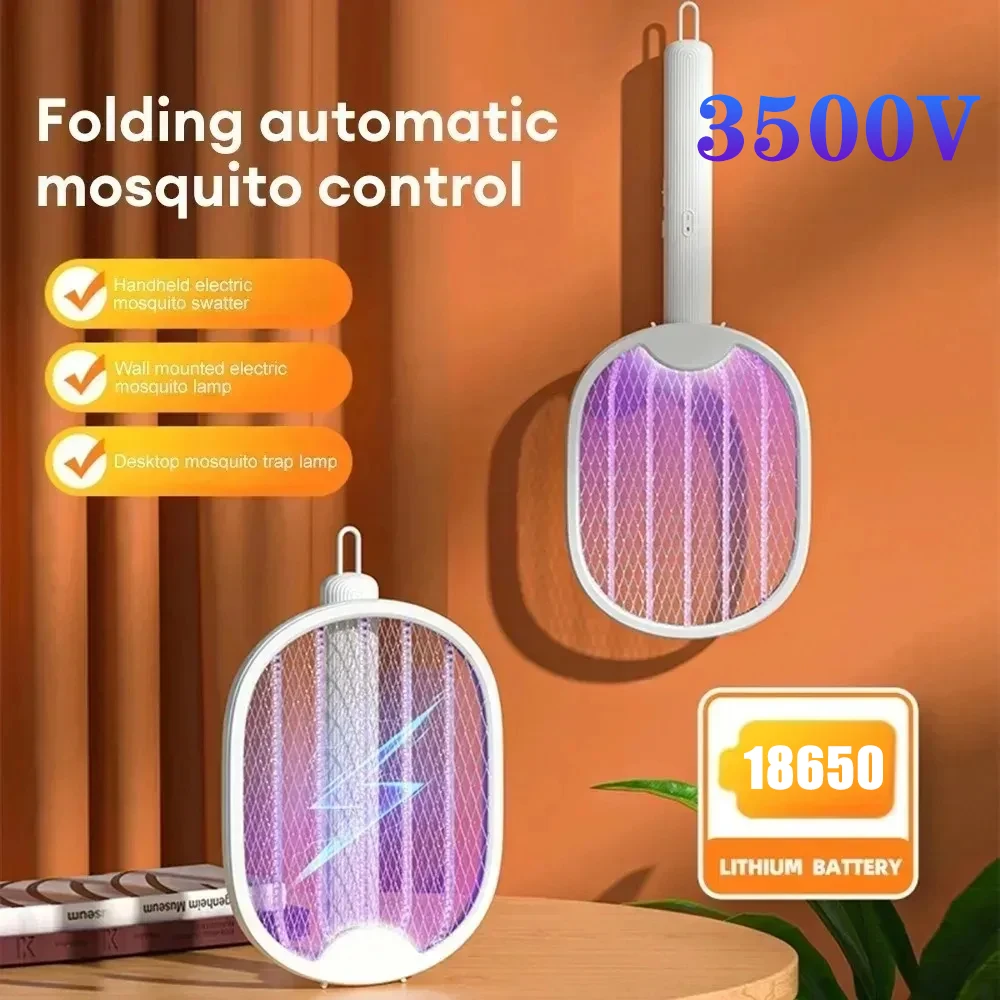 3500VFoldable Electric Mosquito Killer Fly Swatter Trap USB Rechargeable Mosquito Racket Insect Killer with UV Light Bug Zapper