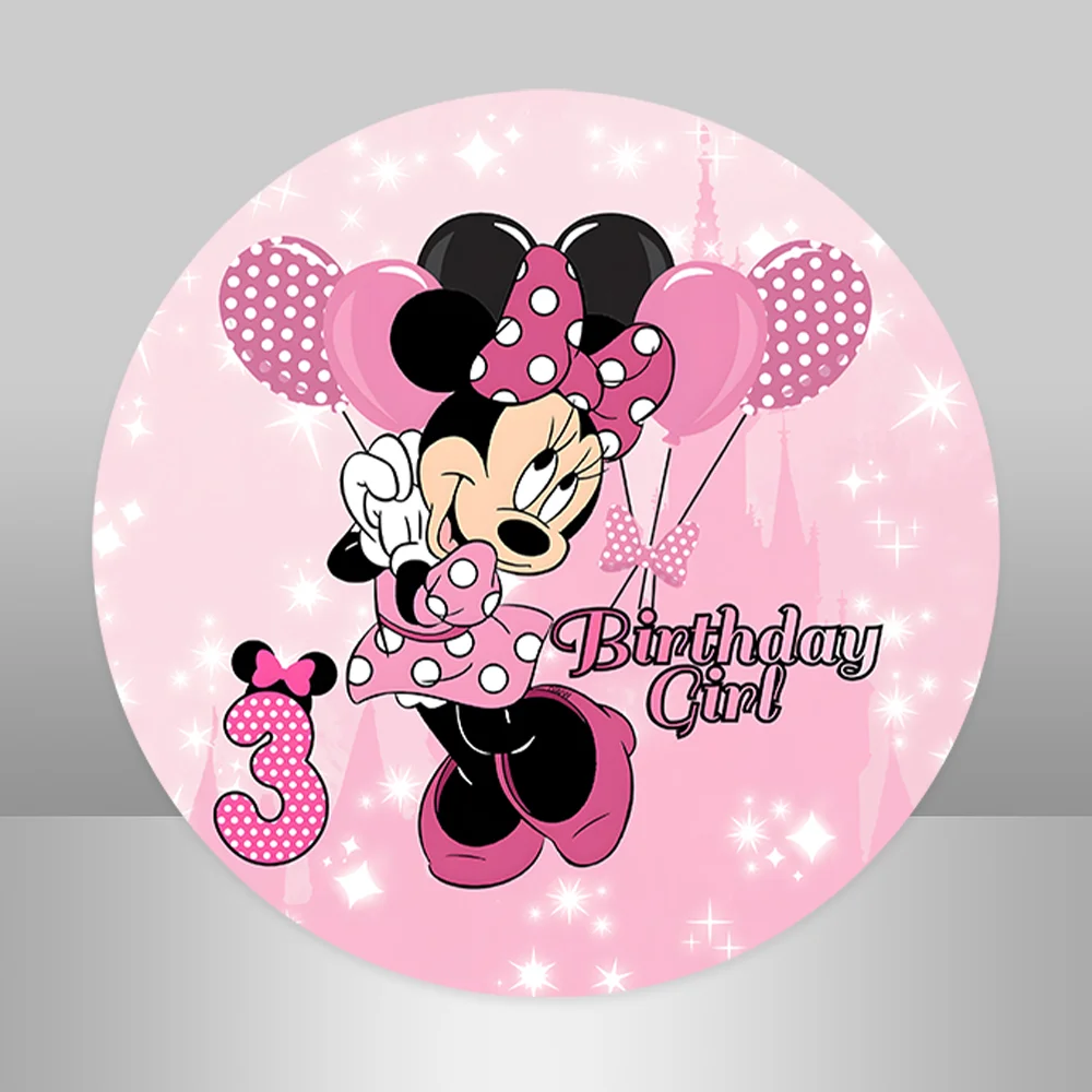 Pink Minnie Mouse Round Backdrop For Princess Girls Kids 1st Birthday Party Photography Backgrounds Baby Shower Covers Elastic