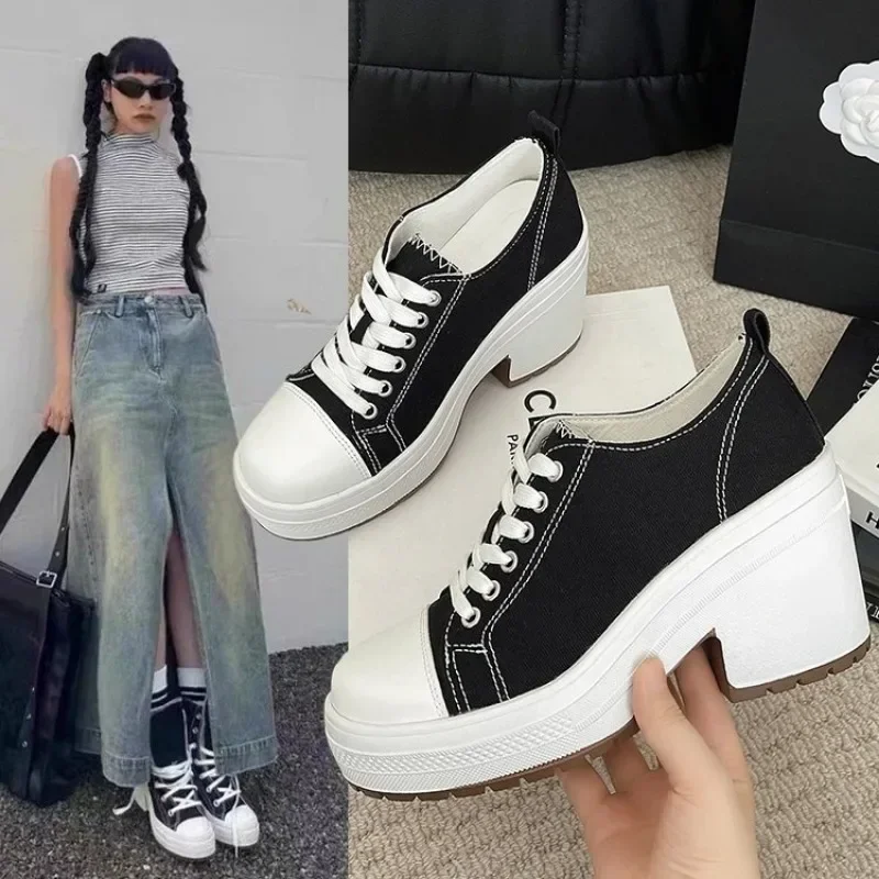 

2025 New Canvas Shoes Women Retro High Heels Thick Heels High Top Round Head Thin Belt Increase Thick Soled Woman Black Shoes