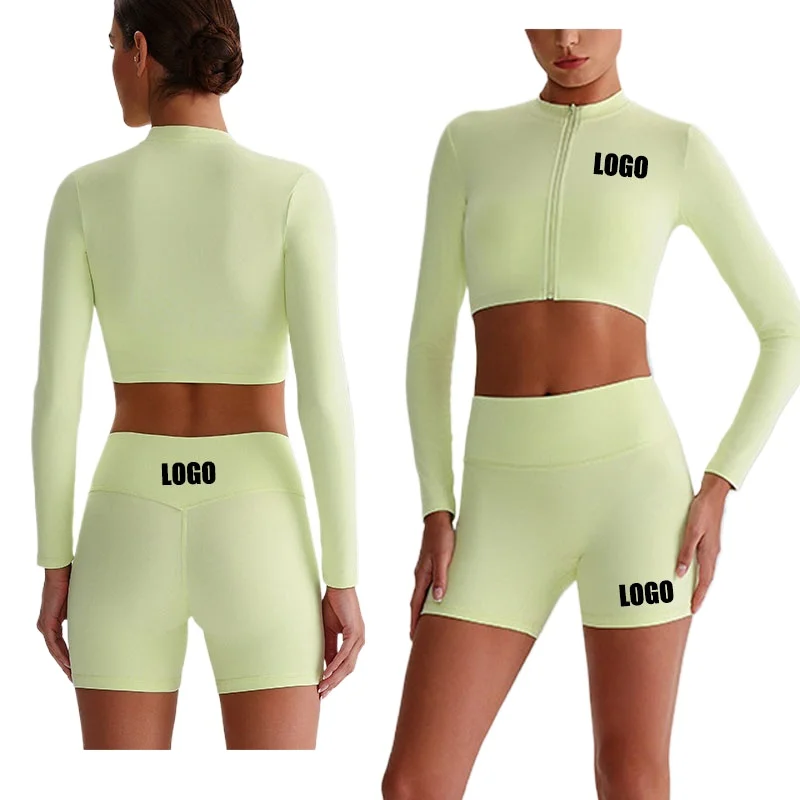 

Customized LOGO Women's Skin-friendly Sports Yoga Clothing Slim Elastic Jacket Fitness Shorts Long Sleeve Two-piece Set