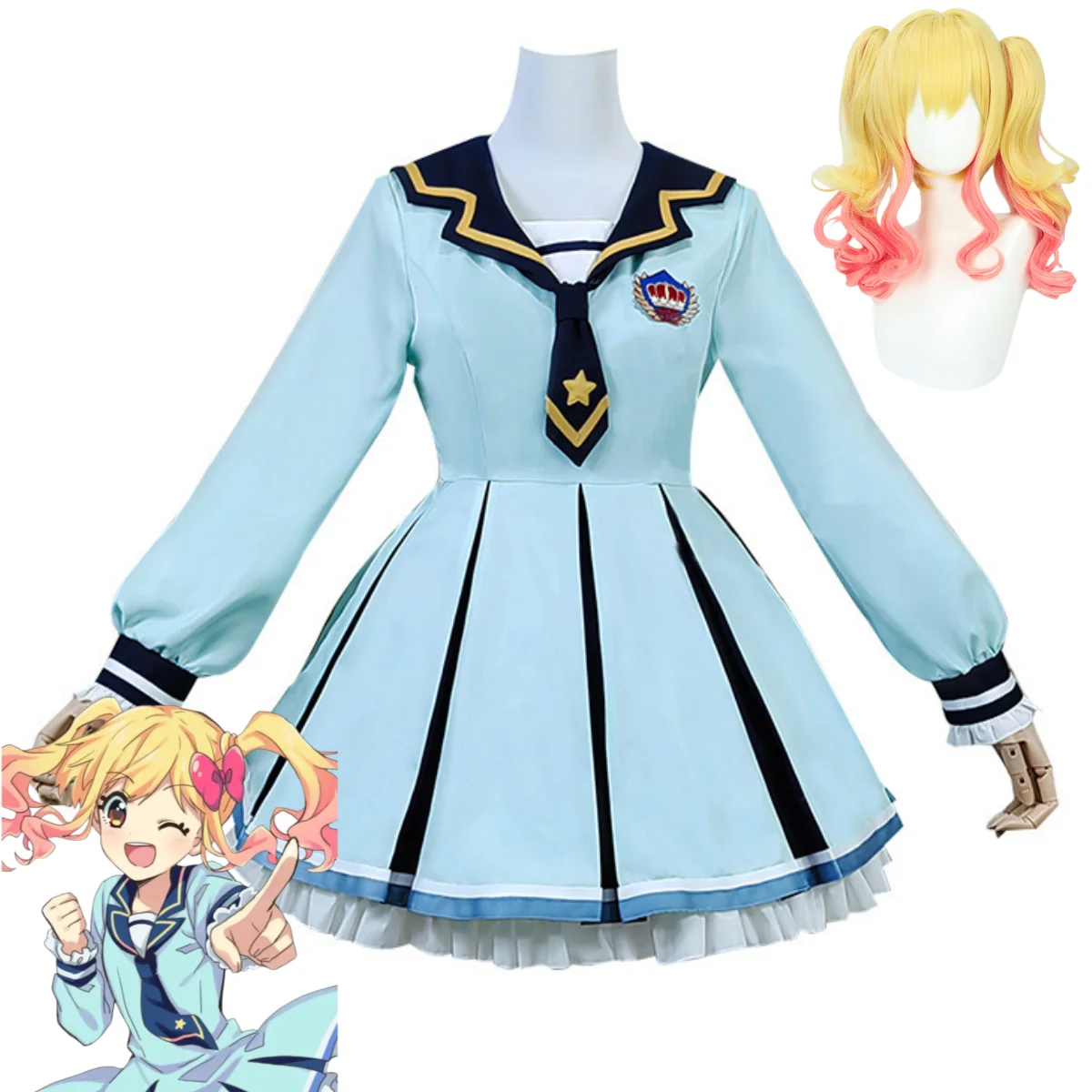 Anime Aikatsu！Nijino Yume Kanzaki Mitsuki Cosplay Costume Blue Sailor Uniform Dress Wig Adult Woman Lovely Campus Suit