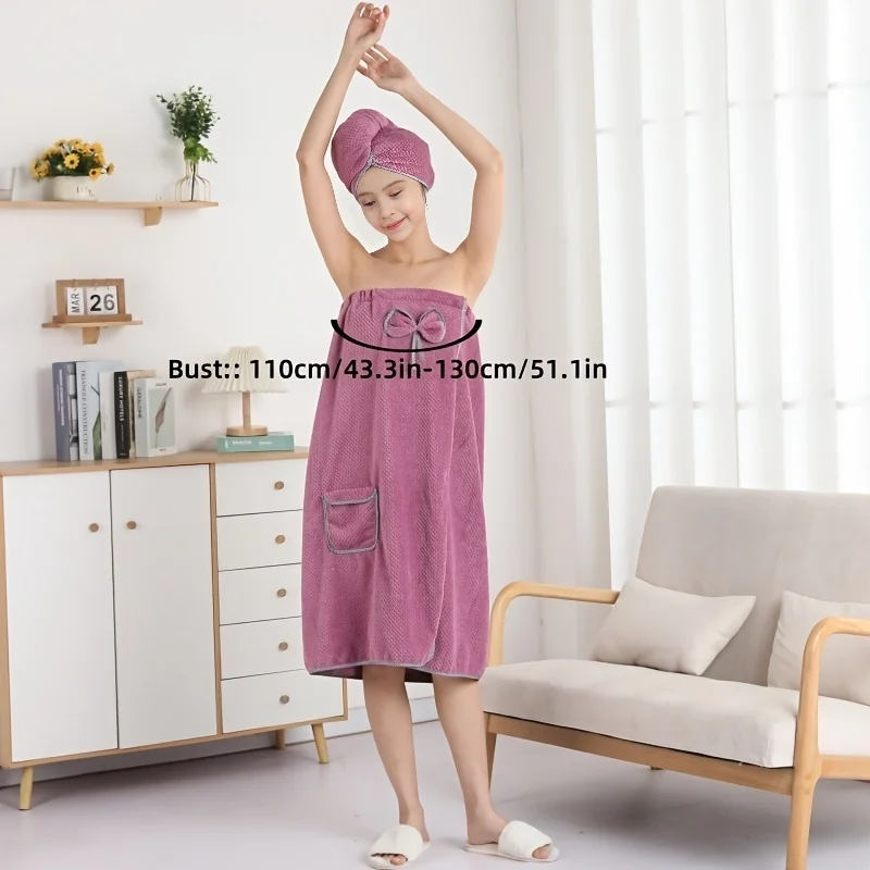 ชุดสุภาพสตรี 2 ชิ้น (หมวกอาบน้ําผ้าเช็ดตัว), ผ้าเช็ดตัวสวมใส่ได้พร้อมกระเป๋า, เสื้อคลุมอาบน้ําปรับได้นุ่มพิเศษ, ห้องน้ําชายหาด Sw