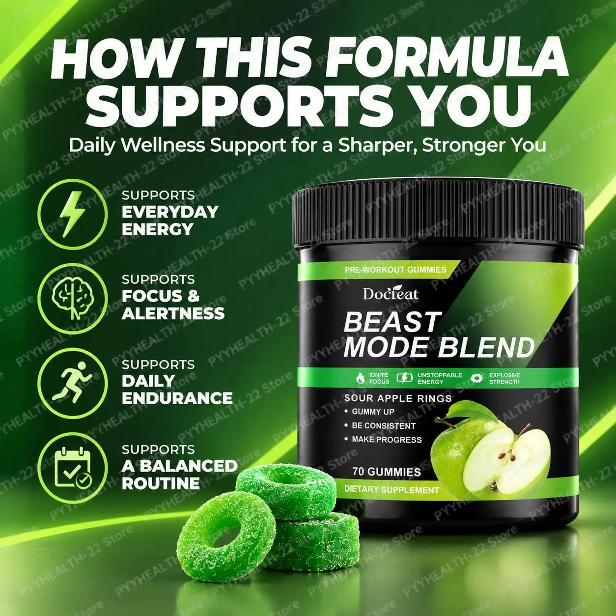 Pre-Workout Gummies BEAST Mode Blend with Taurine L-Tyrosine, Supports Workout Energy, Focus Endurance,Apple Flavor, 70 Gummies