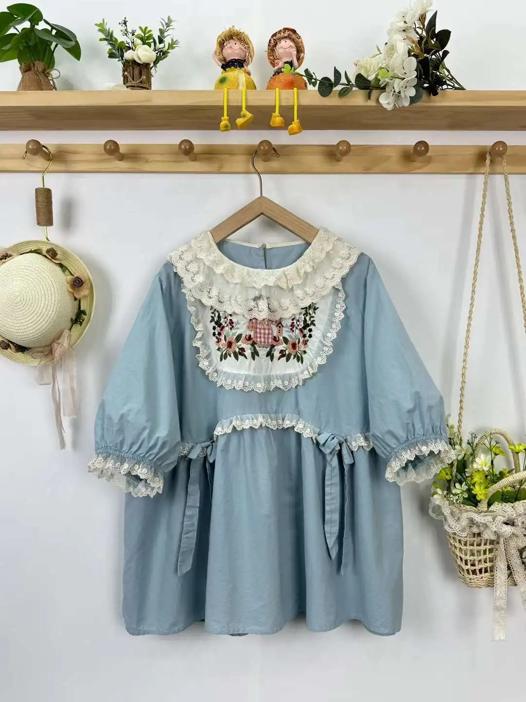 Vintage Lace Ruffled Patchwork Top For Women Summer Mori Girl Flower Short Sleeve Cotton Linen Shirt Casual Doll Collar Pullover