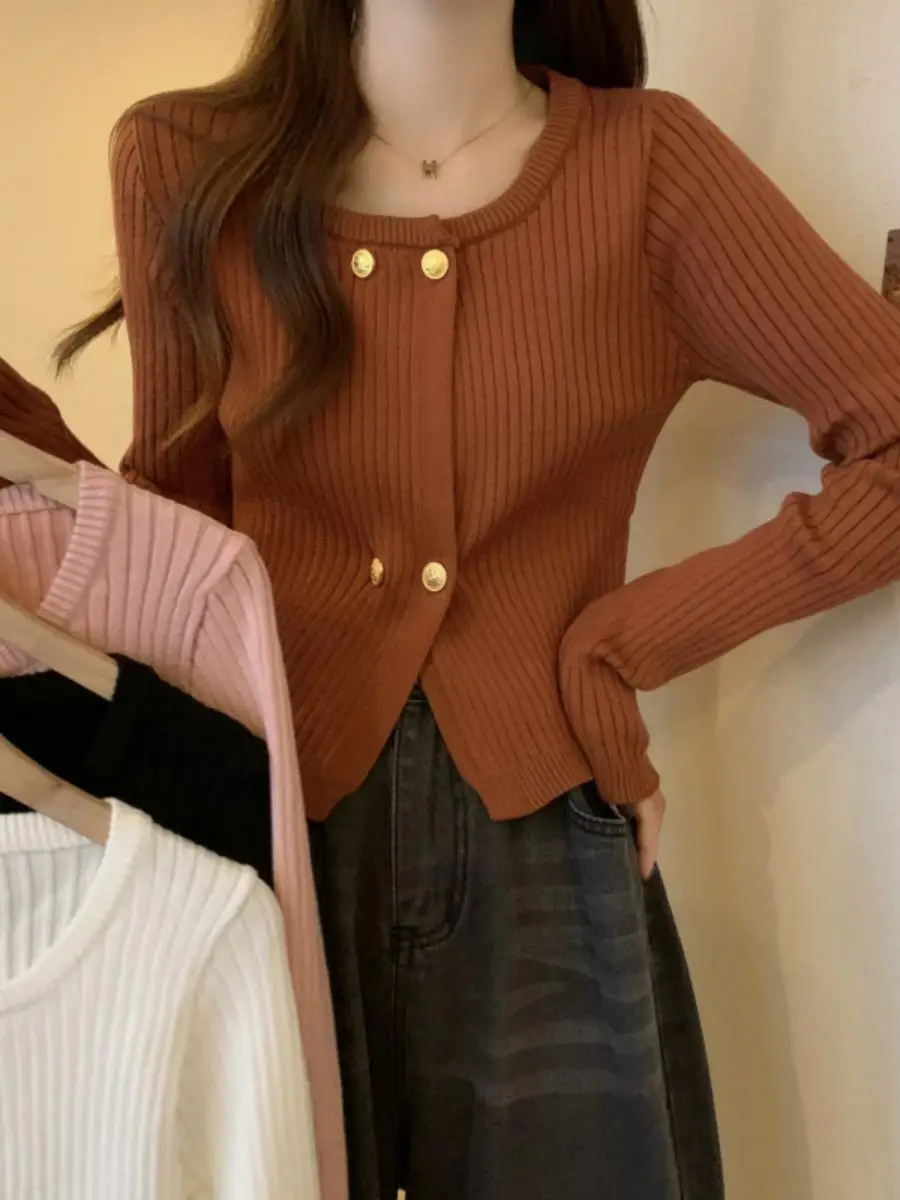 

Retro Square Collar Slim Fit Knitted Cardigan Women's Autumn Winter ort Sweater Trendy Versatile Student Top Commute Sle