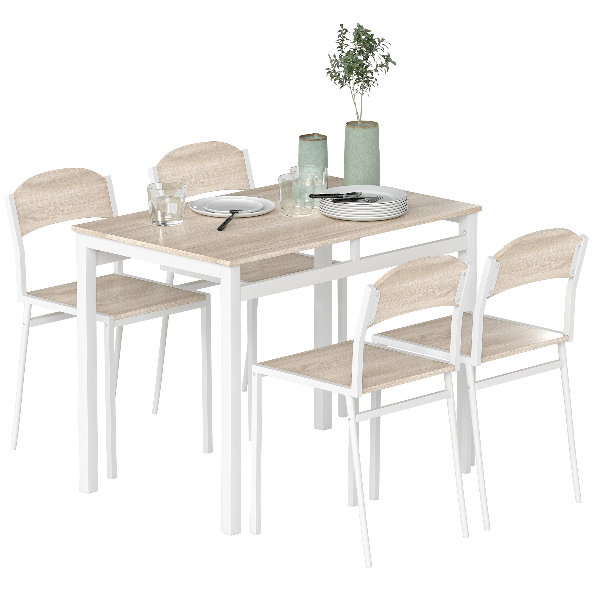 HOMCOM Juego de Mesa y 4 Sillas de Comedor Marco Metálico Blanco