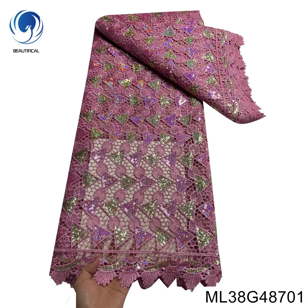 

Nigerian Guipure Water Soluble Cord Lace ,Elegant and Refined Three What Design Style ,Sequins Ornament Evening Gowns，ML38G487