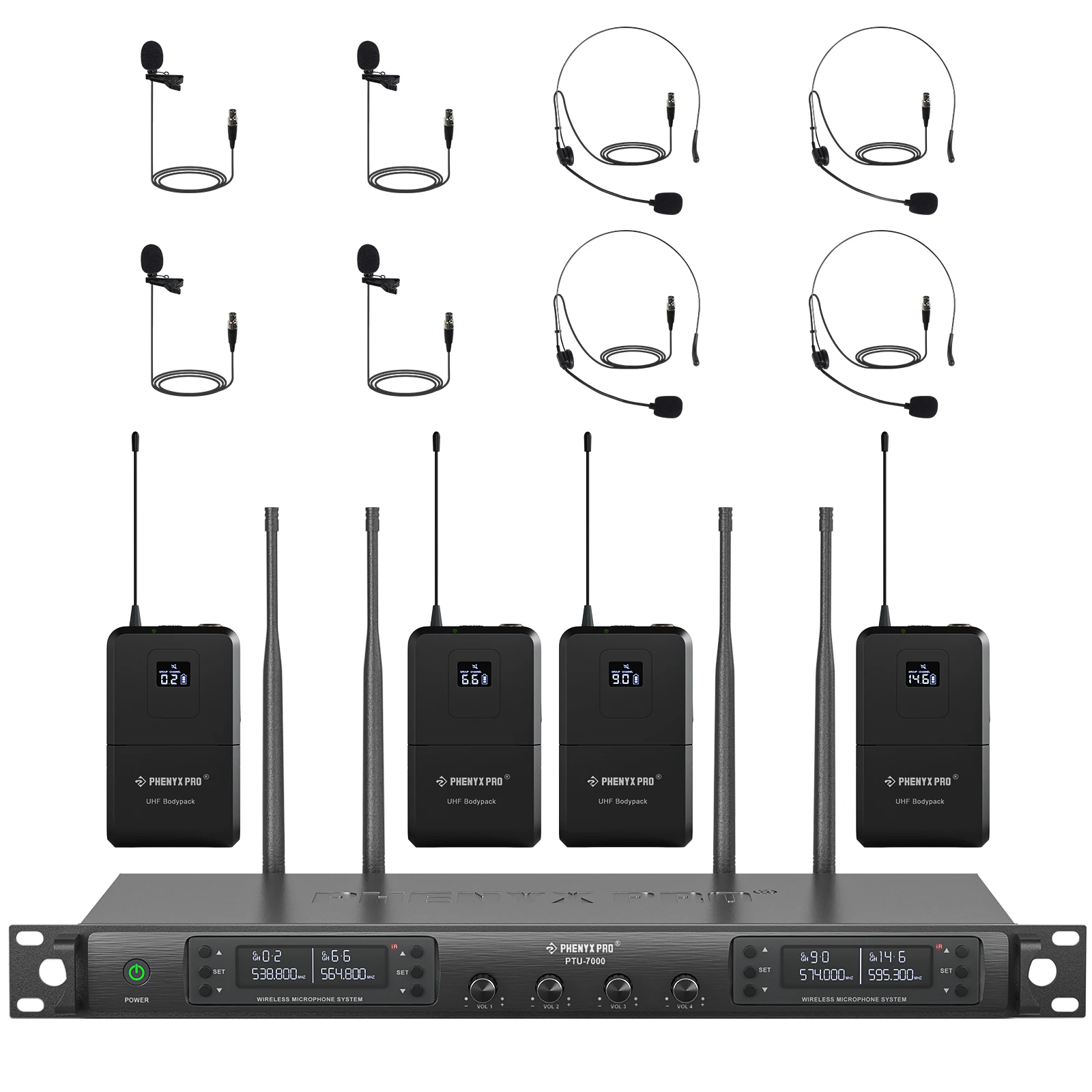 

Беспроводная микрофонная система Phenyx Pro, 4-канальная гарнитура, микрофонный набор, автоматическое покрытие сканирования, 100 м для церкви, сценических певцов, караоке