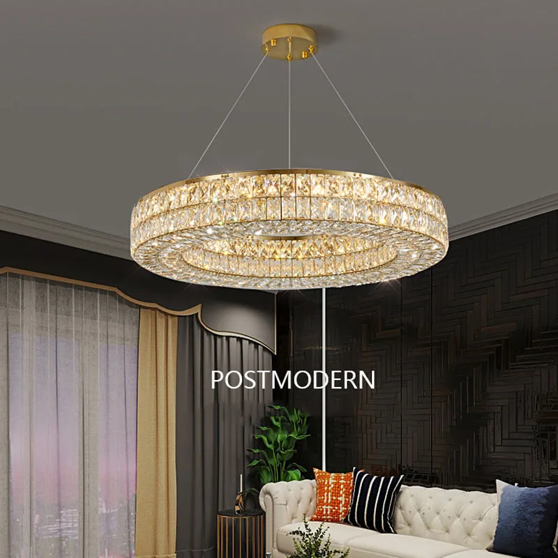 Lampadario di cristallo a soffitto rotondo dorato di lusso moderno leggero soggiorno lampadario a LED luminoso con luce ad anello creativo per