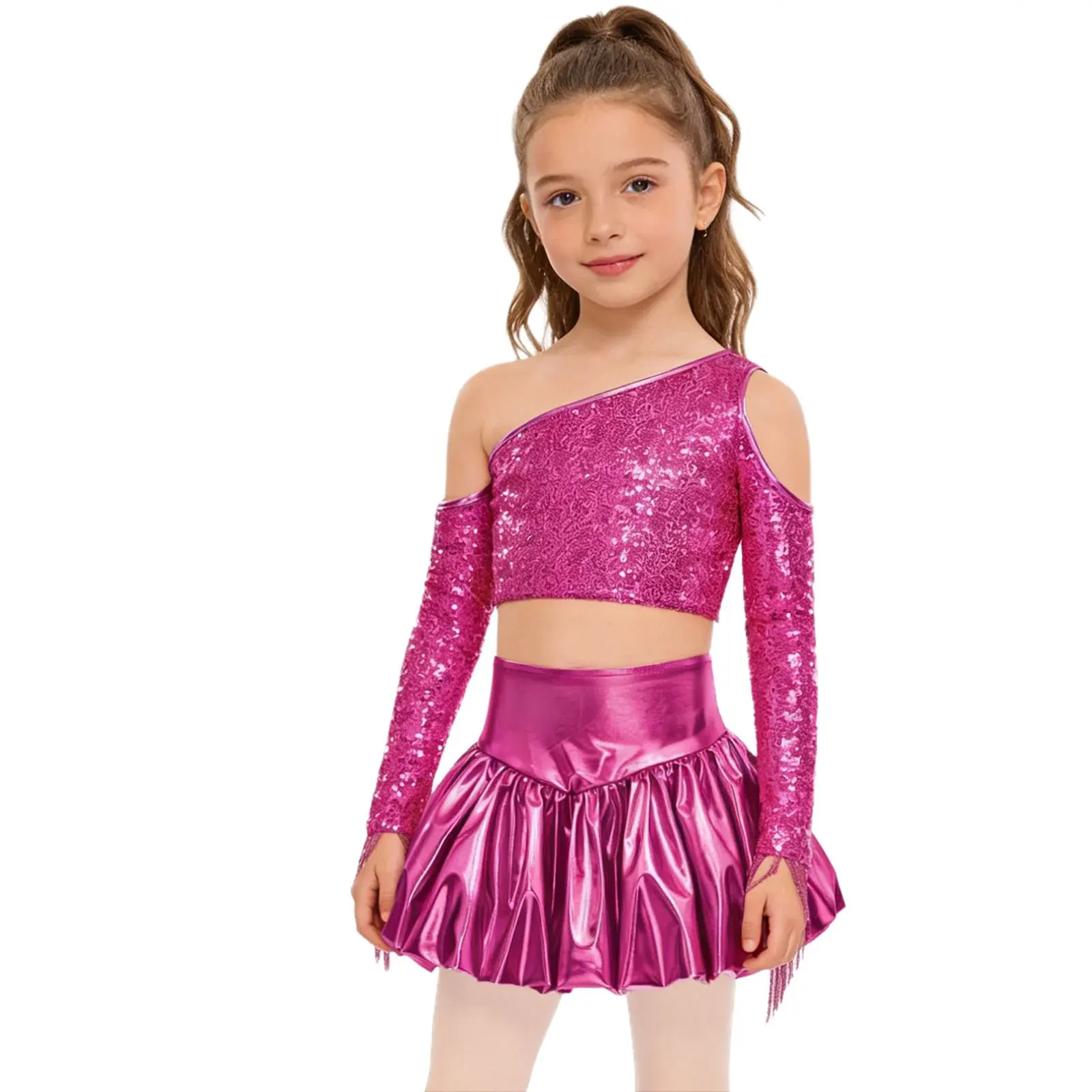 Kids Girls Sequins Jazz Dance Performance Costumes Sleeveless Ballet Gymnastics Crop Top Skirt Set Hip Hop Ballroom Clothes Set