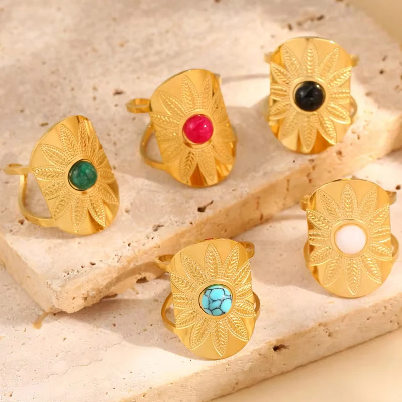 

Bohemia Stainless Steel Flower Natural Stone Wide Rings For Women Aesthetic Gold Plated Adjustable Open Rings Party Jewelry Gift