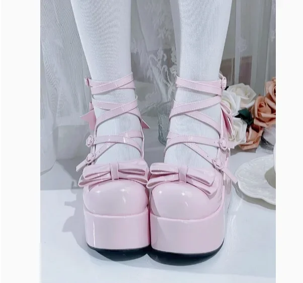 Girls Original Design Platform Shoes Lolita Sweet Women's Bow Round Head Height Increase Pump Shoes Leather High Heels