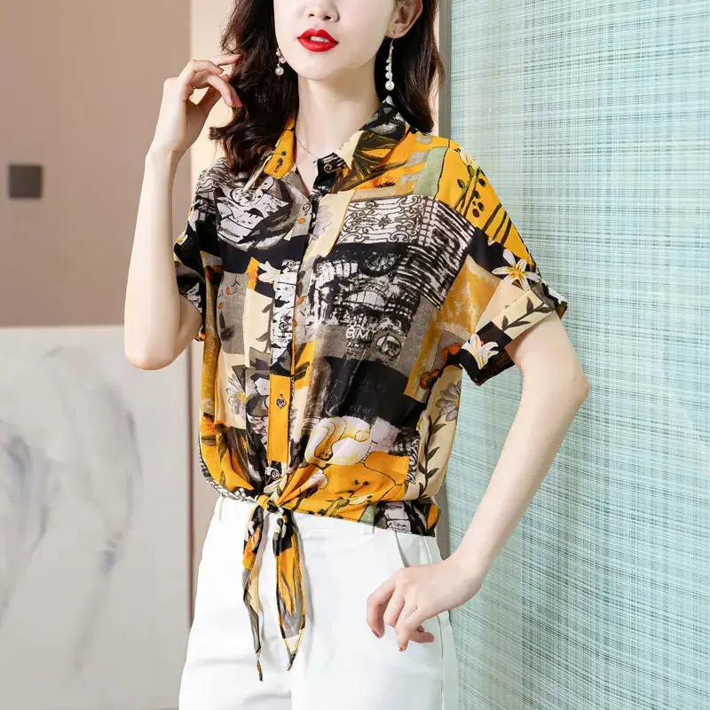 Vintage Printed Fashion Single-breasted Shirt Summer Turn-down Collar Female Clothing Short Sleeve Casual Bandage Loose Blouse