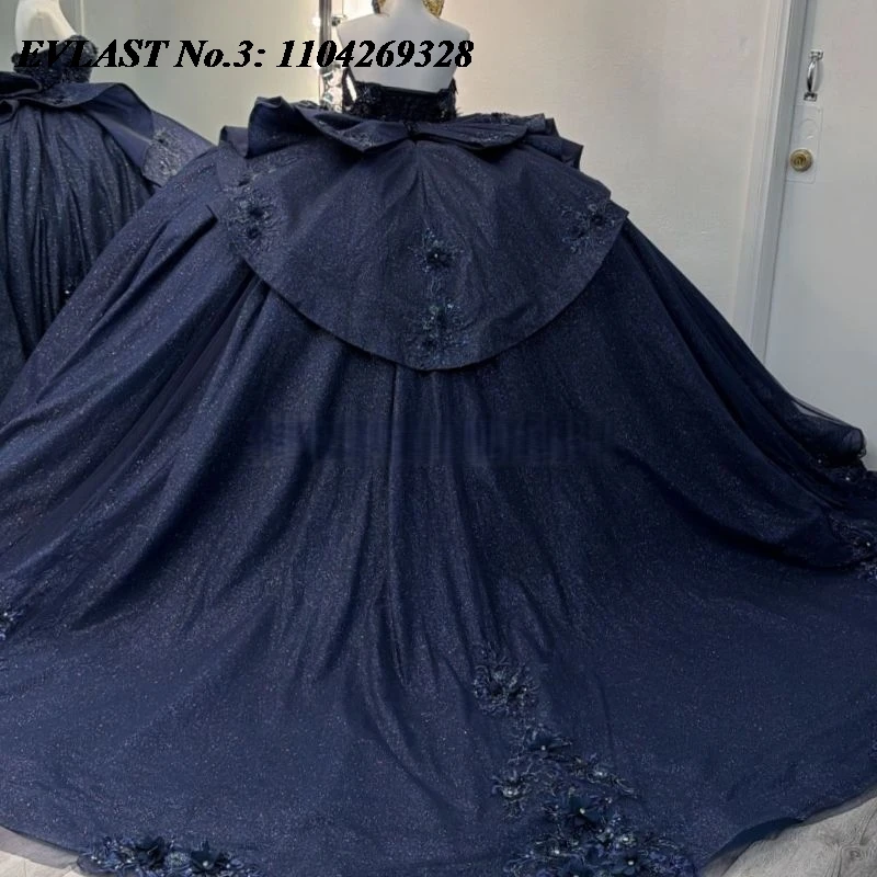 EVLAST Customized Glitter Navy Blue Ball Gown Quinceanera Dress Applique Beading Bow Sweet 16 Gown Vestidos 15 De Años E3Q966