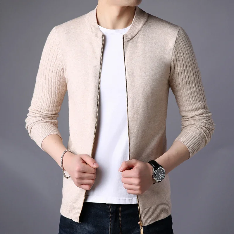Korean Fashion Cardigan Sweater Men Solid Stand Collar Zipper Men\'s Sweater Slim Fit Cardigan for Man Plus Size 3XL