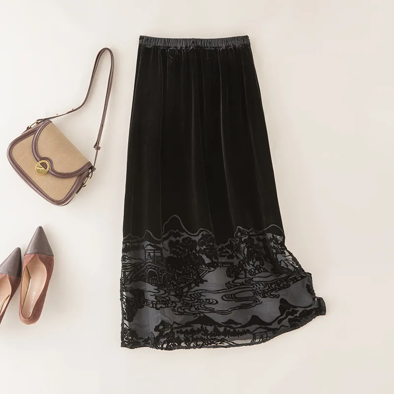 Winsleter-Women Bottom 100% Silk Elegant Velvet Skirts, Elastic Waist Burn Out, Retro Fork Commute Skirt, 2025 Autumn B58902CC