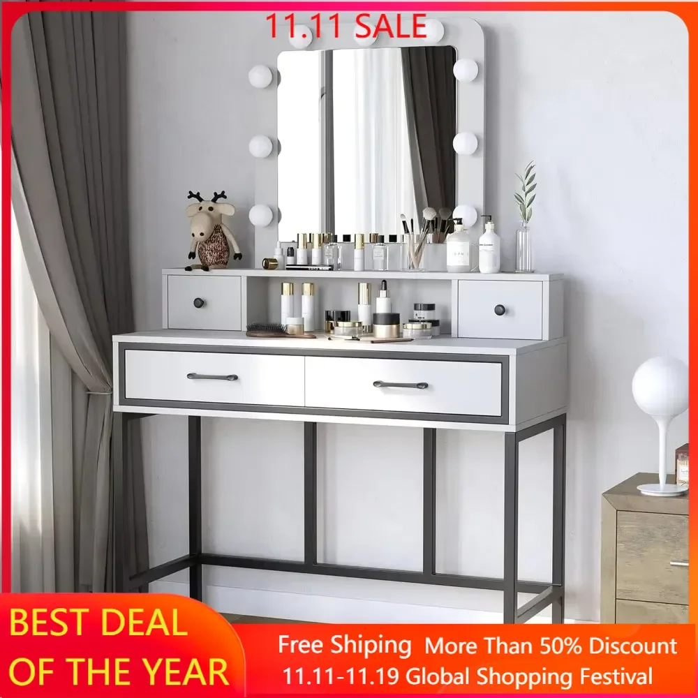 

Dressers with Lights, Makeup Desk with 3 Color Dimmable Lighted Mirror, Vanity with Drawers, Large Dressing Table for Women