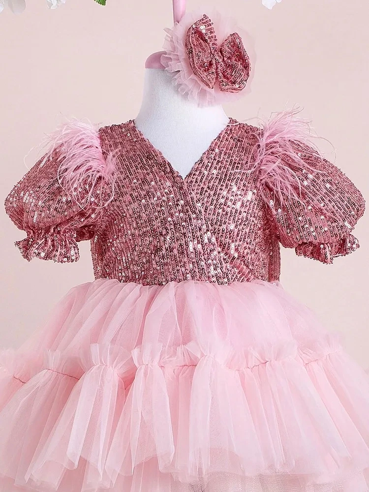 Vestido fantasia de lantejoulas para bebês recém-nascidos, vestido florido infantil, festa de aniversário, batismo