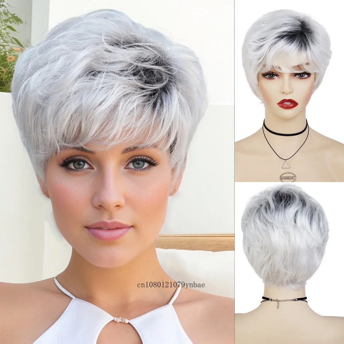 

Silver White Pixie Cut Synthetic Wigs Short Layered Grandma Mommy Wig with Bangs for Women Older Daily Halloween Costume Party