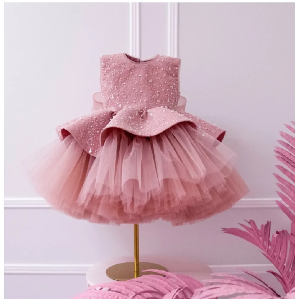 Flower Girl Dresses Bow Baby Kids Half Sleeve Sequin Birthday Party Wedding Tulle Communion Dress