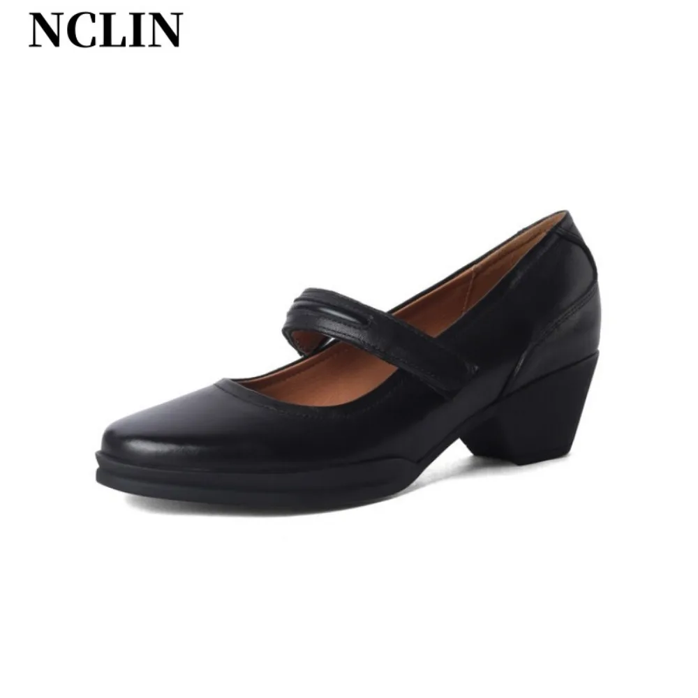 

NCLIN Spring Summer Women Pumps Round Toe Thick High Heels Mary Janes Shoes Woman Genuine Leather Buckle Strap Office Lady New