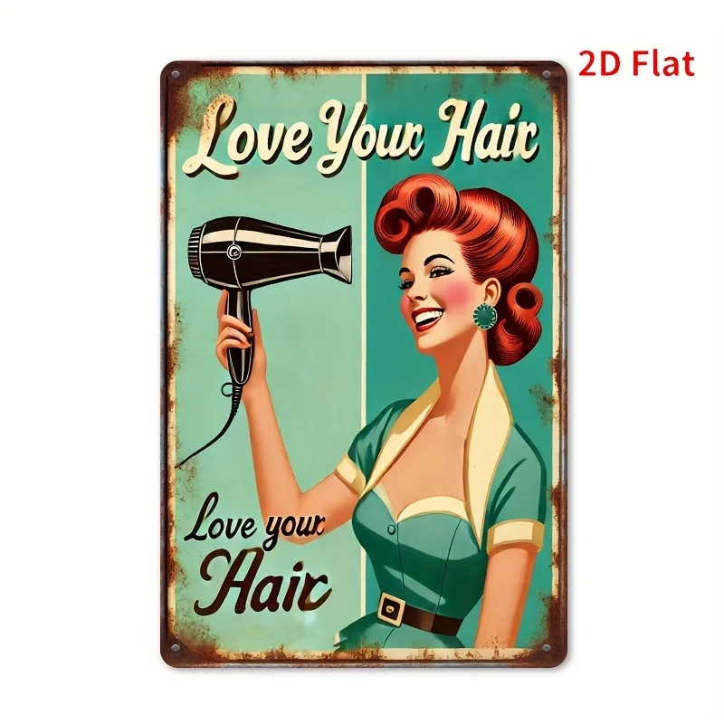 Vintage Metal Tin Sign, Retro Pin Up Hair Salon Lady Love Your Hair Hairdryer Barbershop Wall Decor Plaque